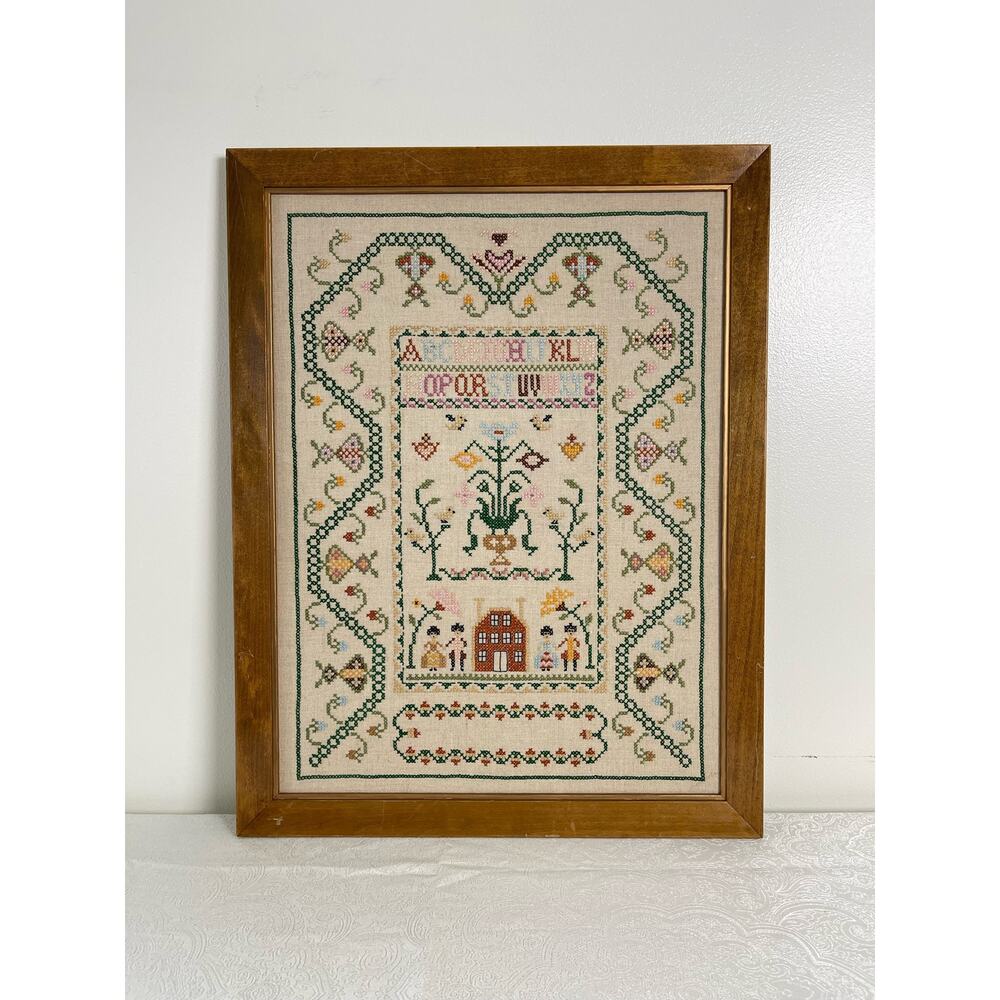 VTG Friendship‎ Sampler Cross-Stitch Large Finished Framed Colonial Cottagecore